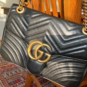 Gucci GG Marmont Medium Quilted Leather Shoulder Bag Black Gold Chain